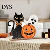 Holiday Window Display Items Halloween Table Decor, Wooden Black Cat Ghost Pumpkin Decorations Indoor Cute Small Signs Gifts, Room Decor for