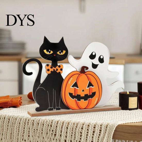 Holiday Window Display Items Halloween Table Decor, Wooden Black Cat Ghost Pumpkin Decorations Indoor Cute Small Signs Gifts, Room Decor for
