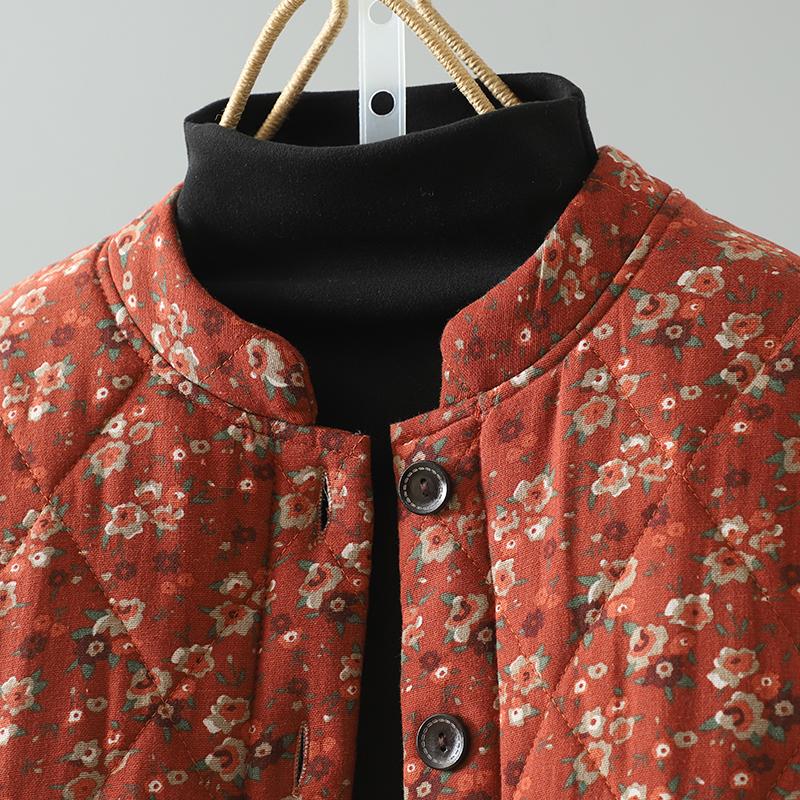 Autumn and Winter Retro Floral Thiened Cotton Jacket Stand Collar Warm Versatile Winter Coat for Women Large Size Commute Sle Print Ket