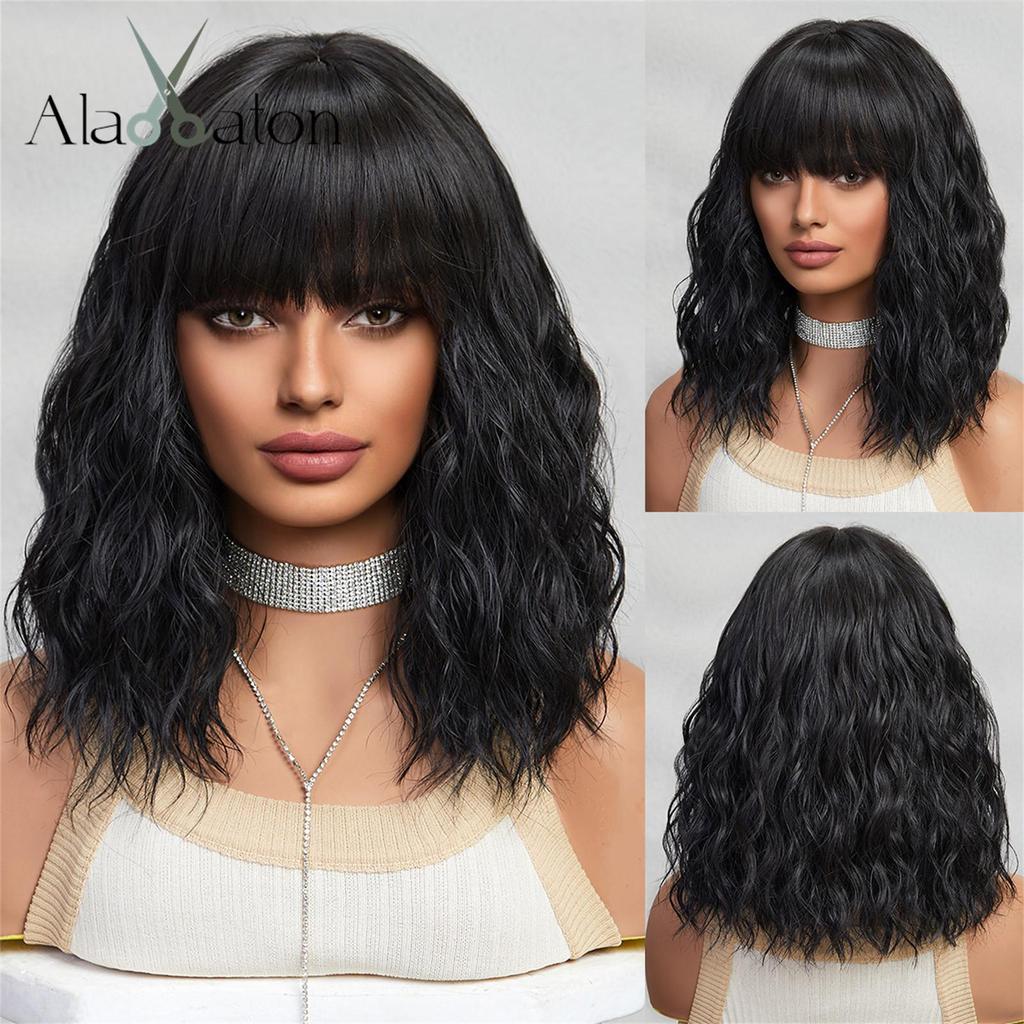 ALAN EATON Short BOB Synthetic WIGS Orange Brown Curly Wig with Bangs for Women Cosplay Daily Party Heat Resistant Fiber Wig