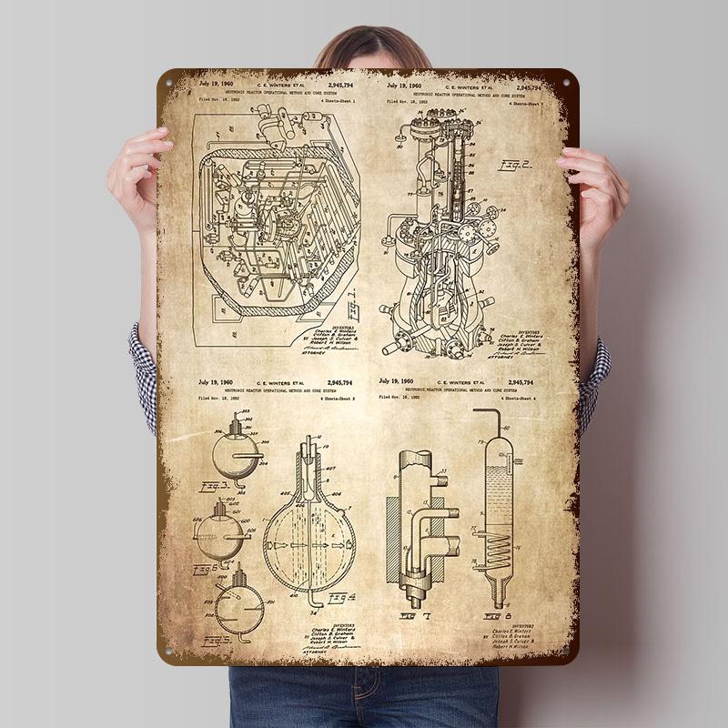 Patent Nuclear Reactor Tinplate Posters Customizable Wall Art Retro Vintage Metal Signs for Home Room Decoration Aesthetic Cozy