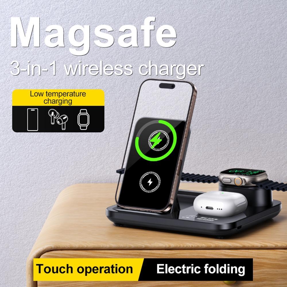 3 in 1 Folding Desktop Phone Wireless Charger for Smartwatch/Earbuds Charging Station with Silicone Cable Tie