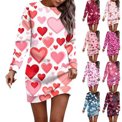 Women's Round Neck Valentine's Day Printed Long Sleeve Wrap Hip Dress Sweater Dresses