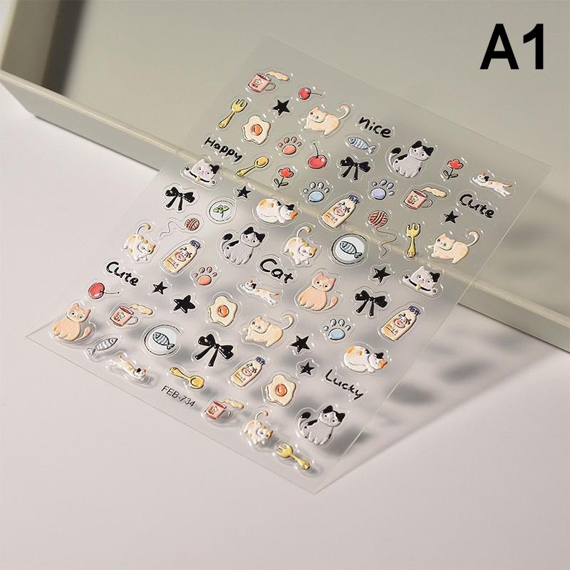 5D Embossed Cute Cartoon Cat Paw Fish Design Nail Art Sticker Decals Self Adhesive Supplies For Women And Girls