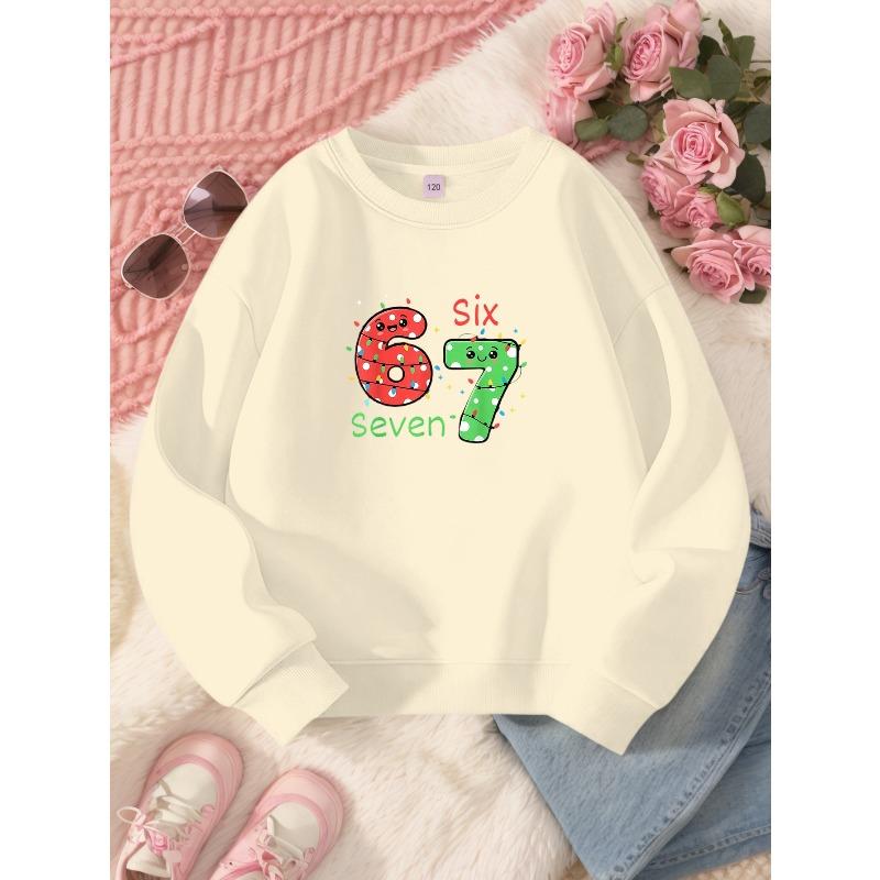 Kids Unisex Crewneck Sweatshirt, Christmas Light Cartoon Face 67 Six Seven Print Long Sleeve Pullover, Soft Sweatshirts for Boys Girls Ages 4+