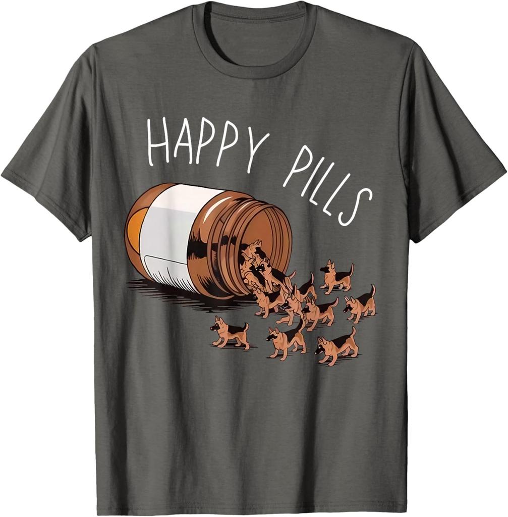 Happy Pills German Shepherd Dog Lovers Graphic Print TShirt Casual Wear Cotton Tee