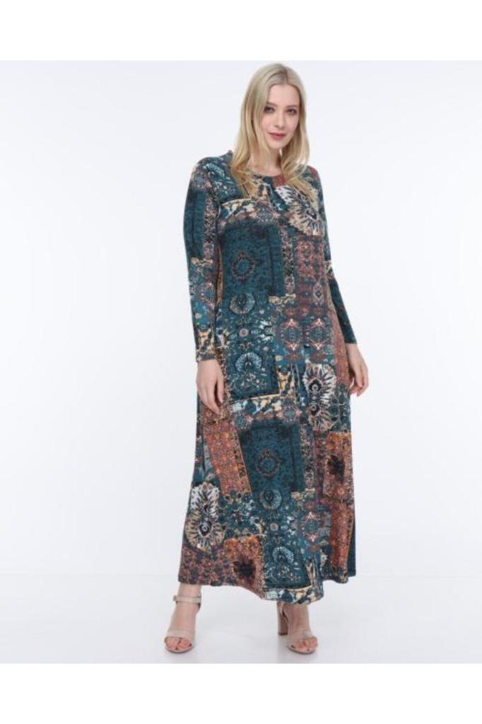 Damen Übergröße Kleid Blau Grün Ethnisches Muster Plus Size Kleid