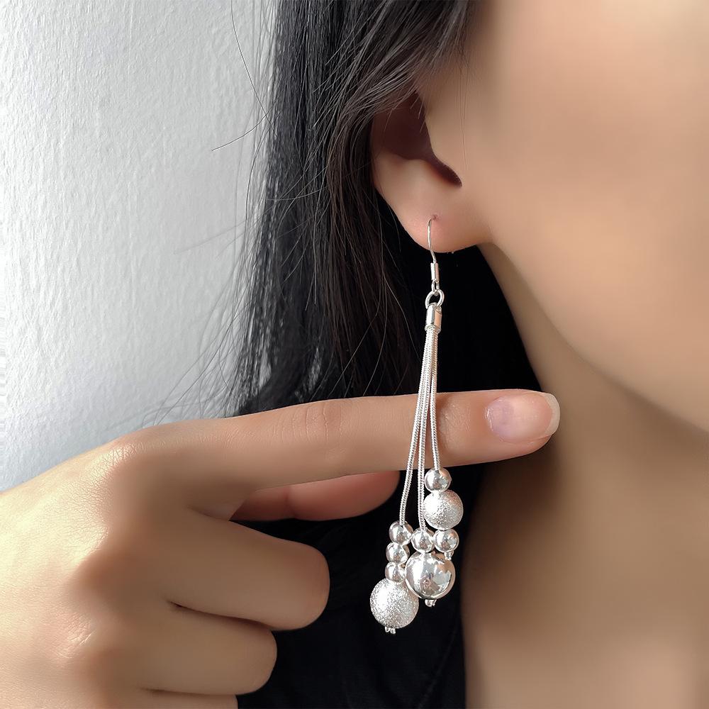 Japanese korean Fashion Sand Bead Tassel Silver Plated Ear Hook Jewelry Three-line multi-bead earrings