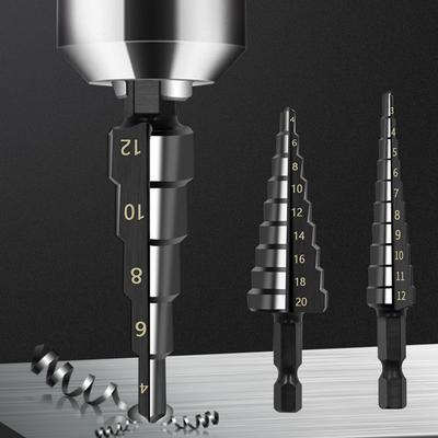 3Pcs HSS Nitriding Black Step Drill Bits 4-12mm 4-20mm Titanium Coated Wood Metal Hole Tools Set