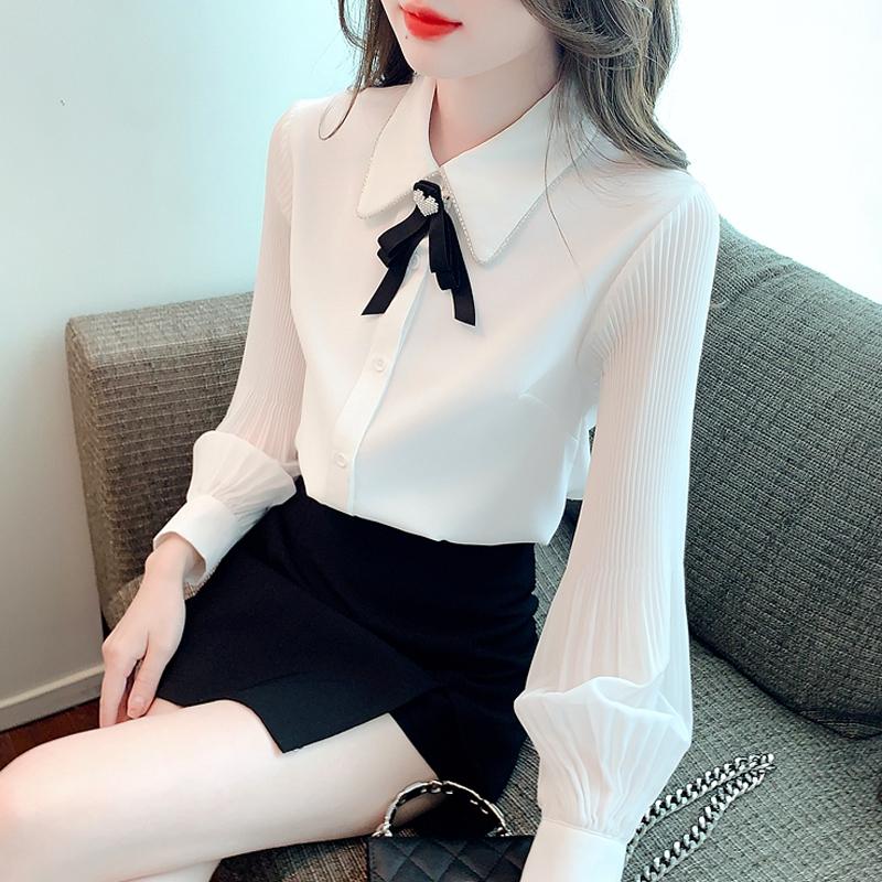 Fashion New 2024 Autumn Long Sleeve Bow Turn Down Collar Office Lady White Chiffon Blouse Shirt Women Tops Blouses Shirts J506