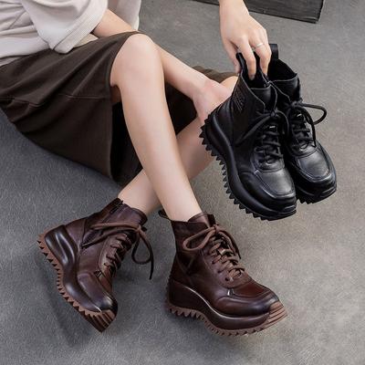 Bottes courtes à semelles épaisses en cuir véritable augmentant la hauteur, chaussures compensées rétro de style britannique pour femmes