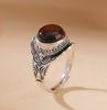 Vintage Style Adjustable Open Band Ring with Intricate Engraved Pattern and Oval Cabochon Stone Ethnic Design Silver Tone
