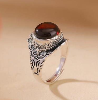 Vintage Style Adjustable Open Band Ring with Intricate Engraved Pattern and Oval Cabochon Stone Ethnic Design Silver Tone