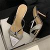 Summer Women's High-heeled Sandals, One-strap High-heeled Slippers, Pointed Toe, Rhinestone, Open-toe Slippers.