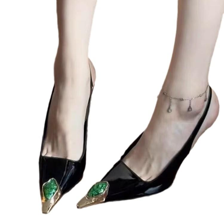 2025 spring and summer French high-end sexy square head single shoes metal iron head stiletto high heels rhinestone rear empty sandals