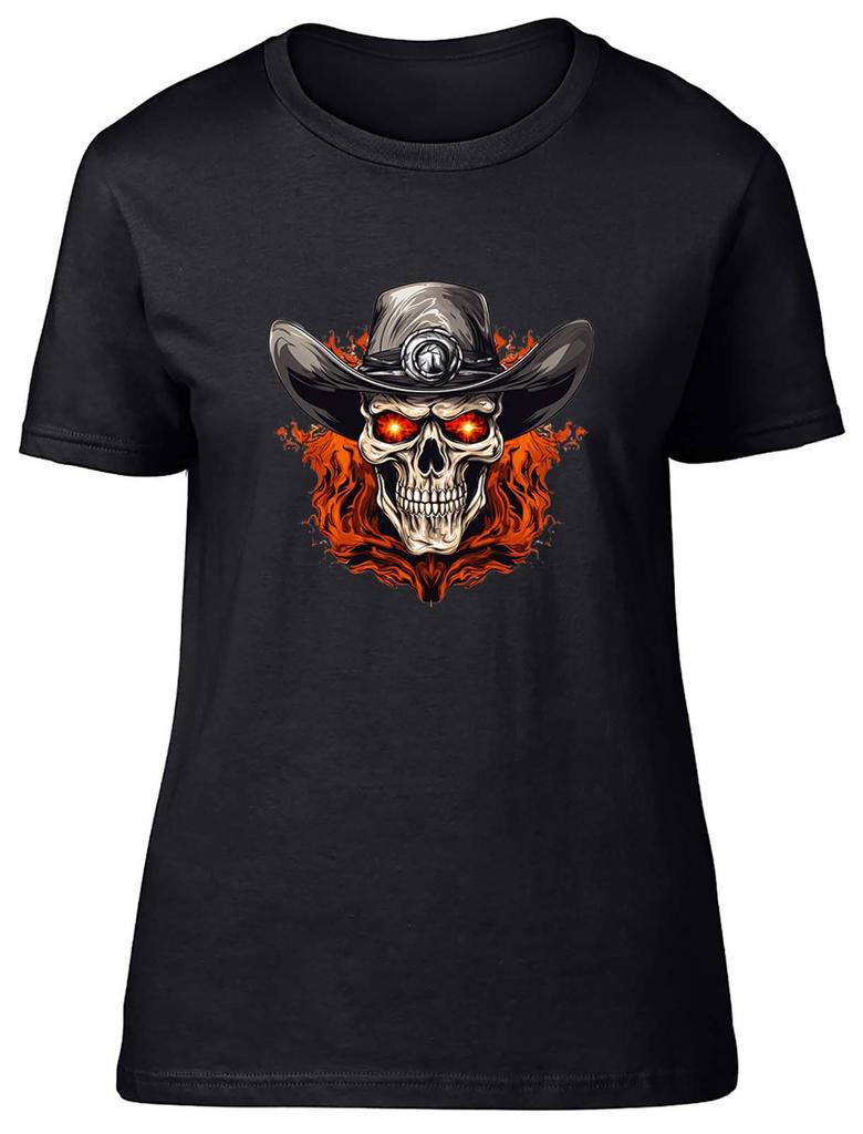 Cowboy Skull Unisexs TShirt Sleketon Head Gothic Flame Ladies Gift Tee