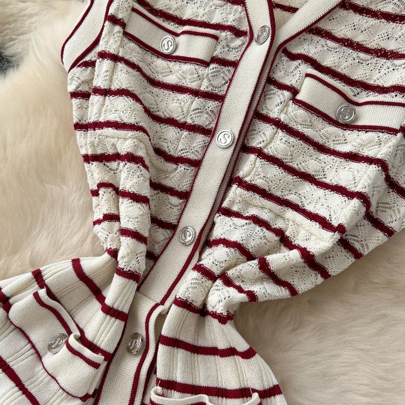 Striped Knitted Dress Summer Women's Wear Small Cinched Waist and Slimming Cardigan Vest Dress