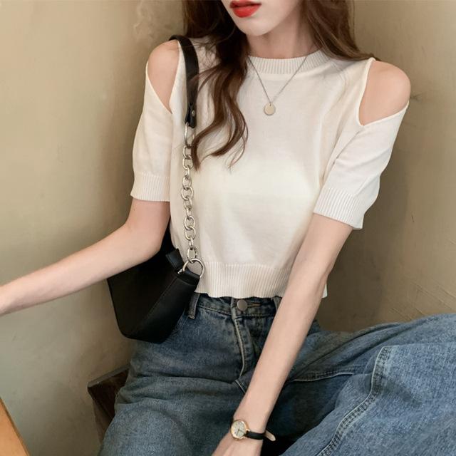 Summer Fashion Slim Solid Short Sleeve T-shirt Women Girl New Streetwear Basic Female Crop Top Off Shoulder Harajuku Clothes