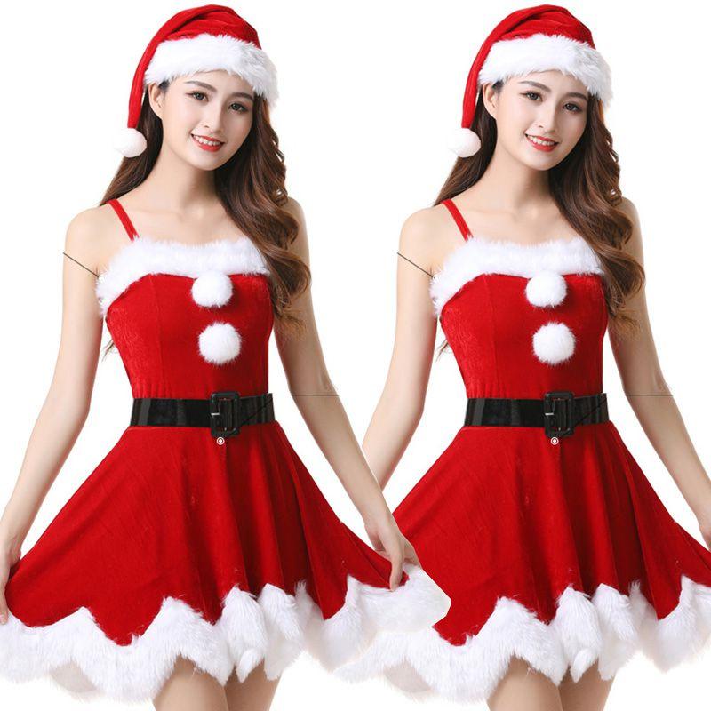 Red Velvet Women Christmas Costume With Soft Touch Santa Claus Dress And Hat