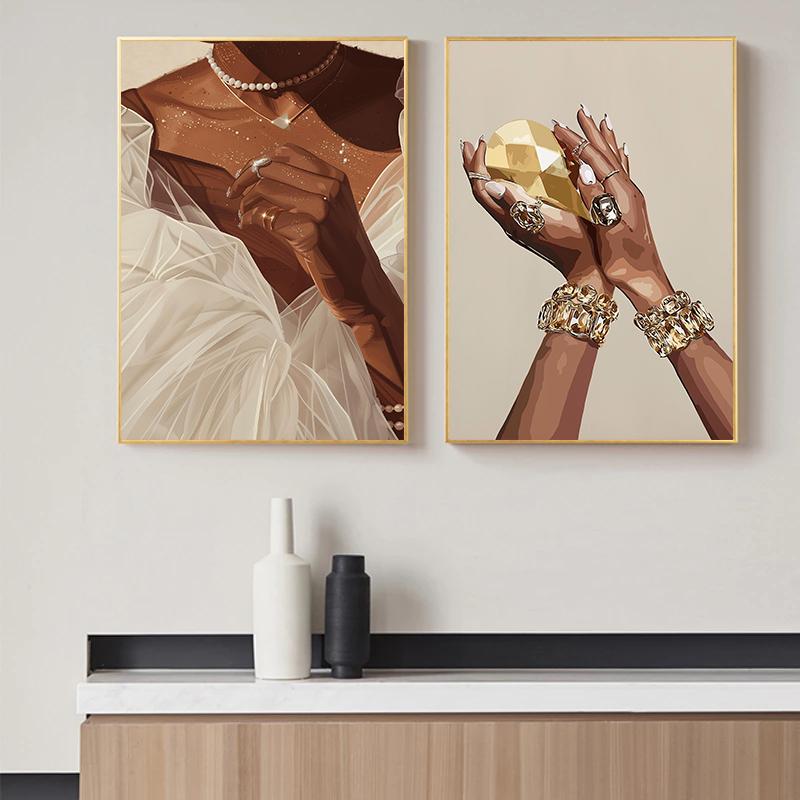 Modern African Black Women Jewelry Necklace Metal Fashion Art Poster Canvas Paintings Wall Art Pictures Home Decor