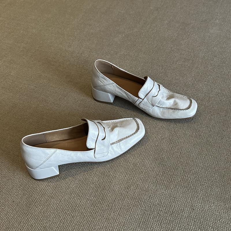 Cowhide version square head loafers women's 2025 spring and autumn new one-pedal casual small leather shoes high heel French single shoes women