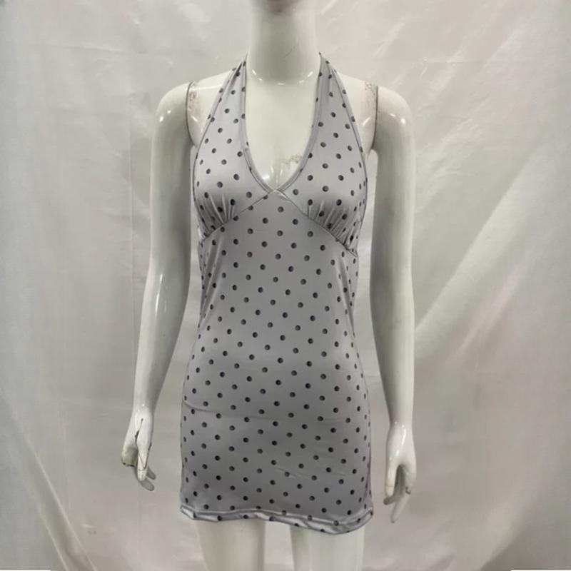 European and American Summer Polka Dot Backless V-neck Fashionable Hanging Neck Strap Design Waist Cinched Women's Vest Top