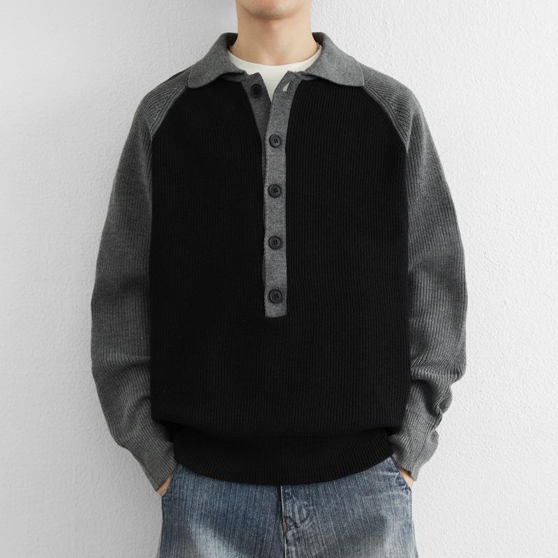 

Мужское трикотажное пальто-свитер в стиле колор-блок 2025: Трендовый осенне-зимний свободный, ленивый стиль с полузастежкой на пуговицы и отложным воротником XL 120-135 lbs