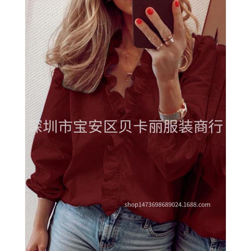 Wish spring and summer new long-sleeved ruffle shirt women's shirt