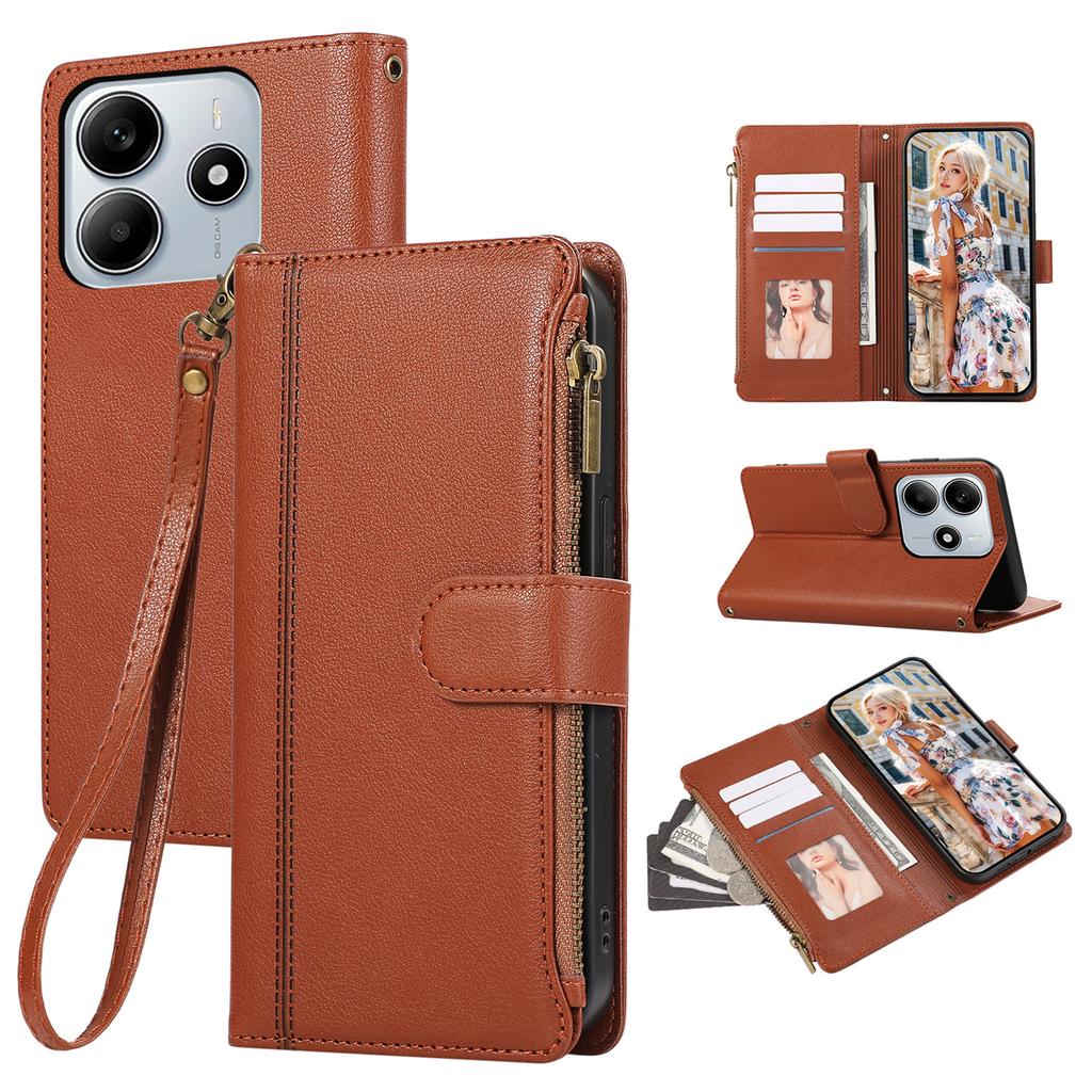 Για Xiaomi Redmi Σημείωση 14 4G (164,84 χιλιοστά) Θήκη με Πολλαπλές Θήκες Καρτών, Φερμουάρ, Δερμάτινη Θήκη Τηλεφώνου με Λουράκι Καρπού