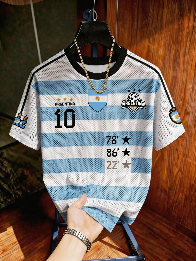 Argentine Street Fashion Graphic Tee,Blue White Stripe,Summer,Casual,Vacation Short Sleeve Round Neck Soccer Sports Top