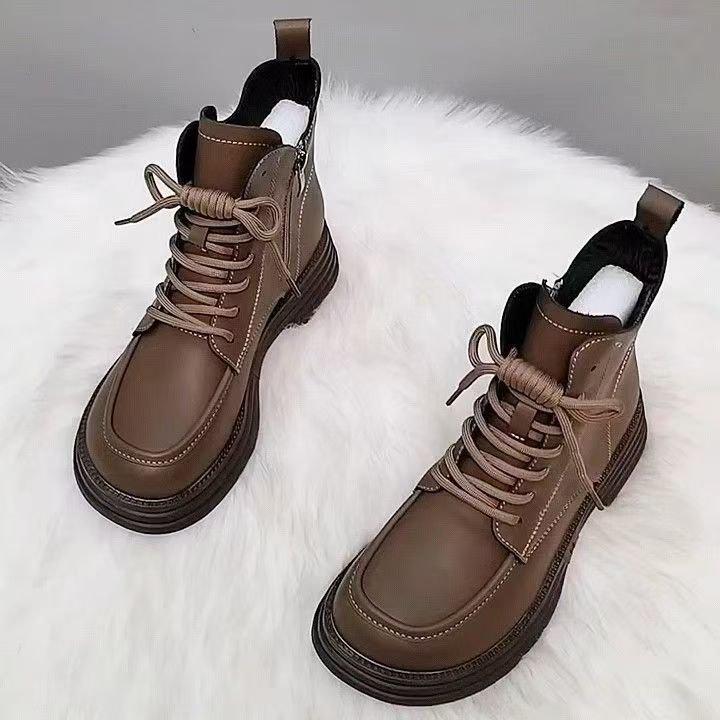 New Thick-soled Soft Leather Velvet Martin Boots Women's Cotton Boots 2025 Autumn and Winter Warm Short Boots Versatile Flat-soled Thickened Cotton S