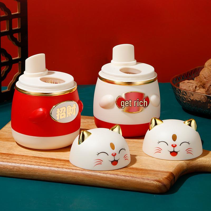 Cartoon Cute Lucky Cat Automatic Toothpick Holder & Dispenser - Chinese Style Storage Box