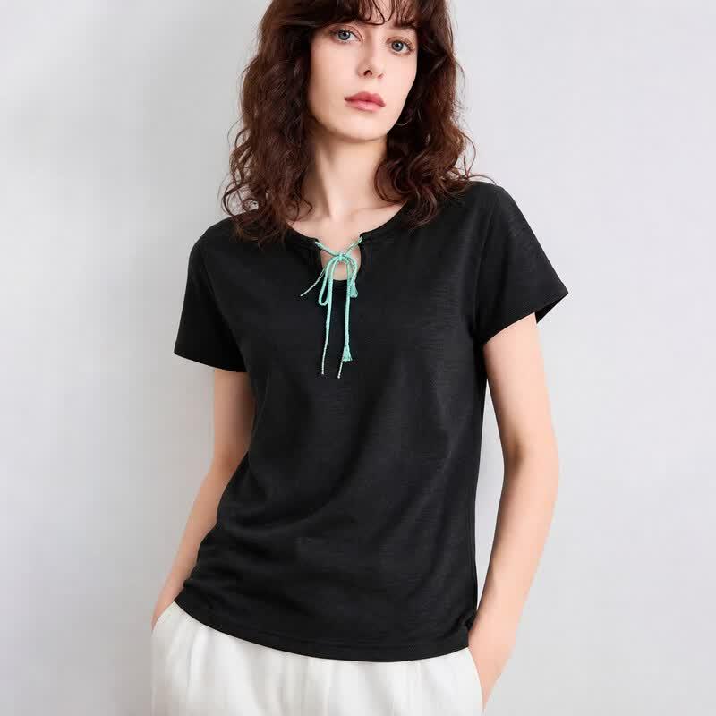 Demana Women s Summer Knit Tie-Collar Short Sleeve Top L