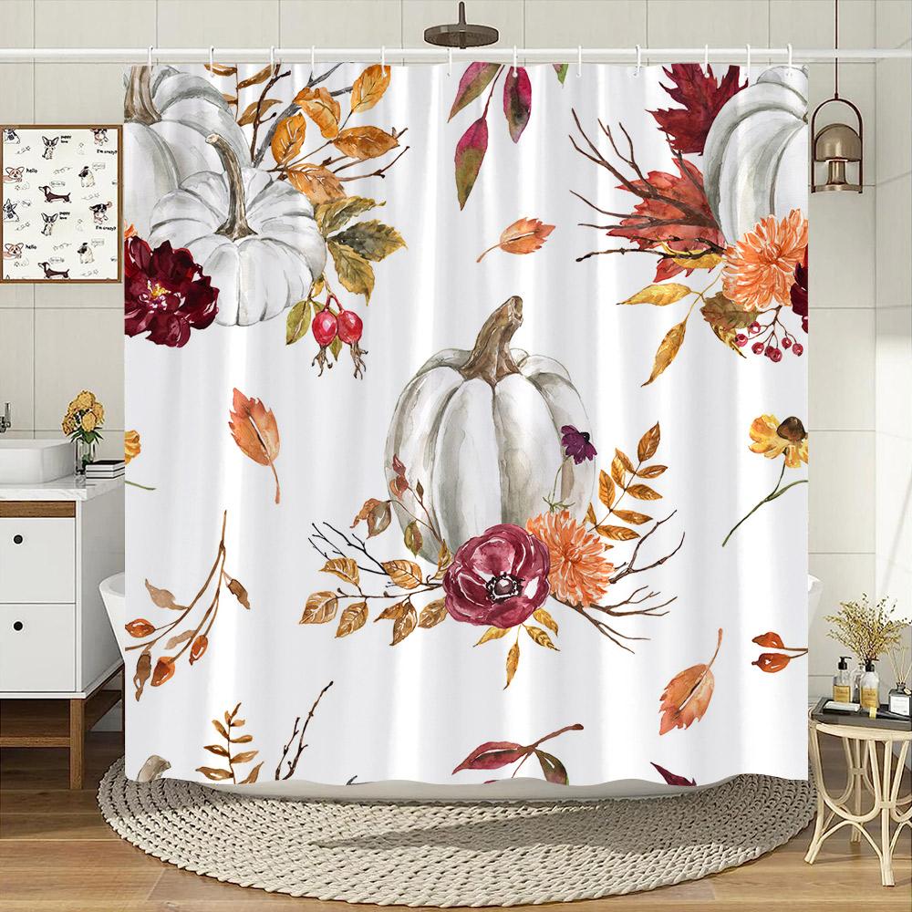 Höstlöv Pumpa Duschdraperi Thanksgiving Orange Pumpa Akvarell Eukalyptusblad Duschdraperier Badrumsdekor