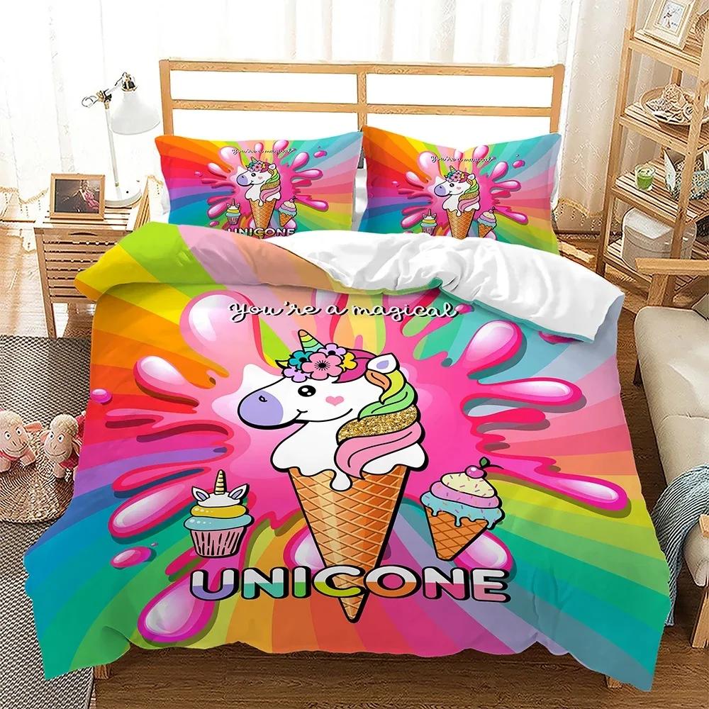Dětské povlečení s duhovým jednorožcem Kawaii kreslená zvířátka Povlečení pro kluky a holky 2/3dílné Sady povlaků na přikrývku velikosti Twin Single Double Queen