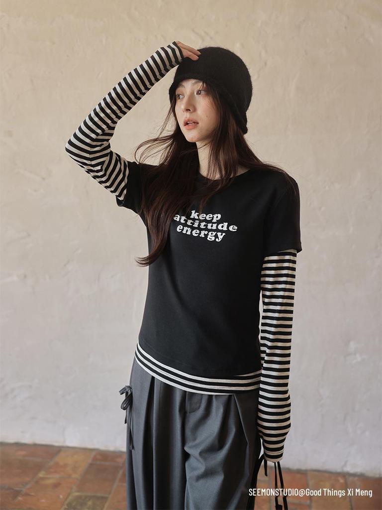 Yimeng 2025 Herbst Eleganz im koreanischen Stil gestreiftes Zwei-in-Eins T-Shirt