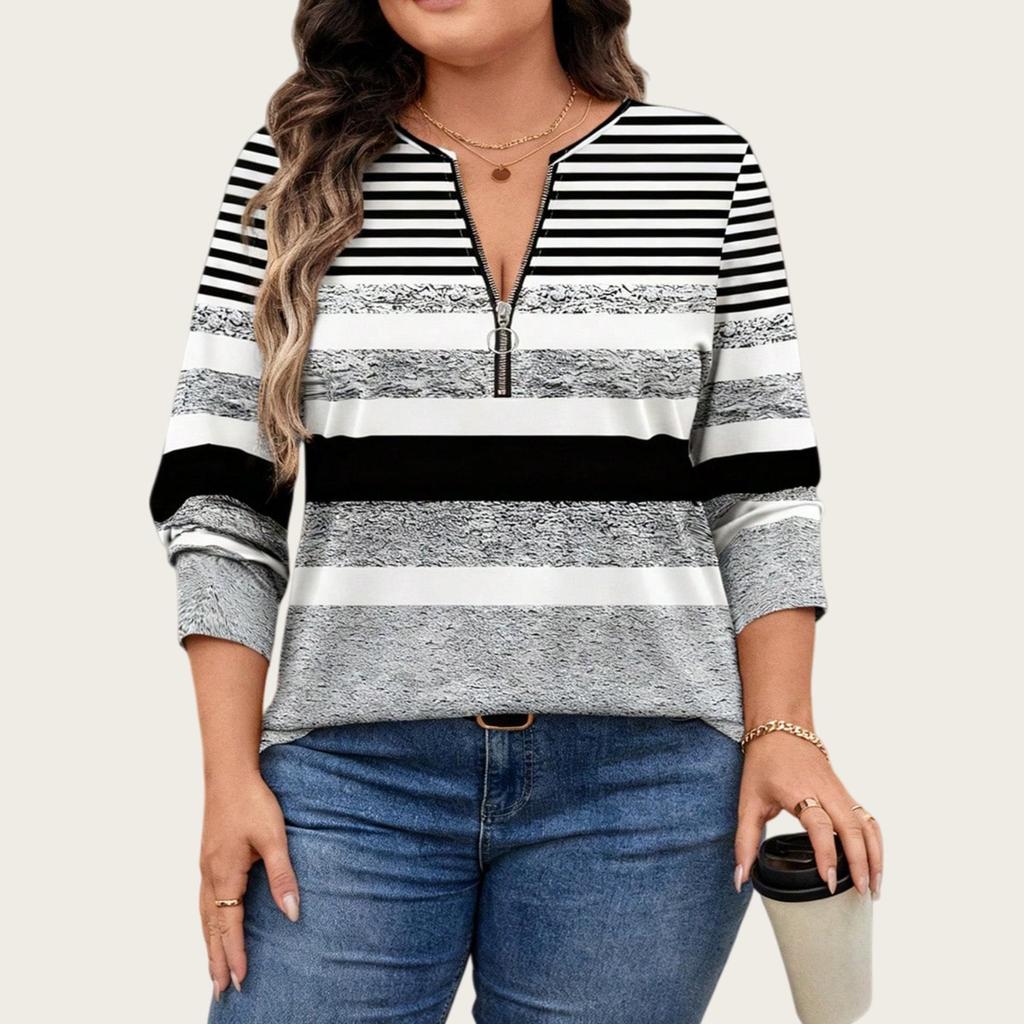 Plus Size Color Block Stripe Loose Casual Long Sleeve Top with Half-Zip Round Neck for Women.