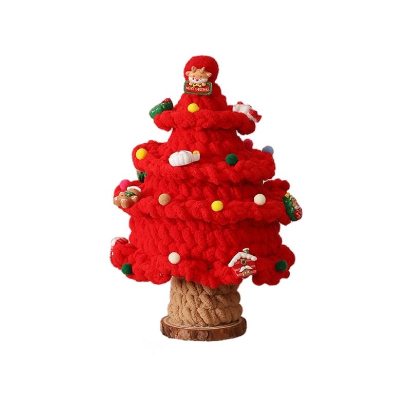 Crafted Holiday Knitted Christmas Tree Wooden Base Ornament Featuring Holiday Accents For Desktop Decoration