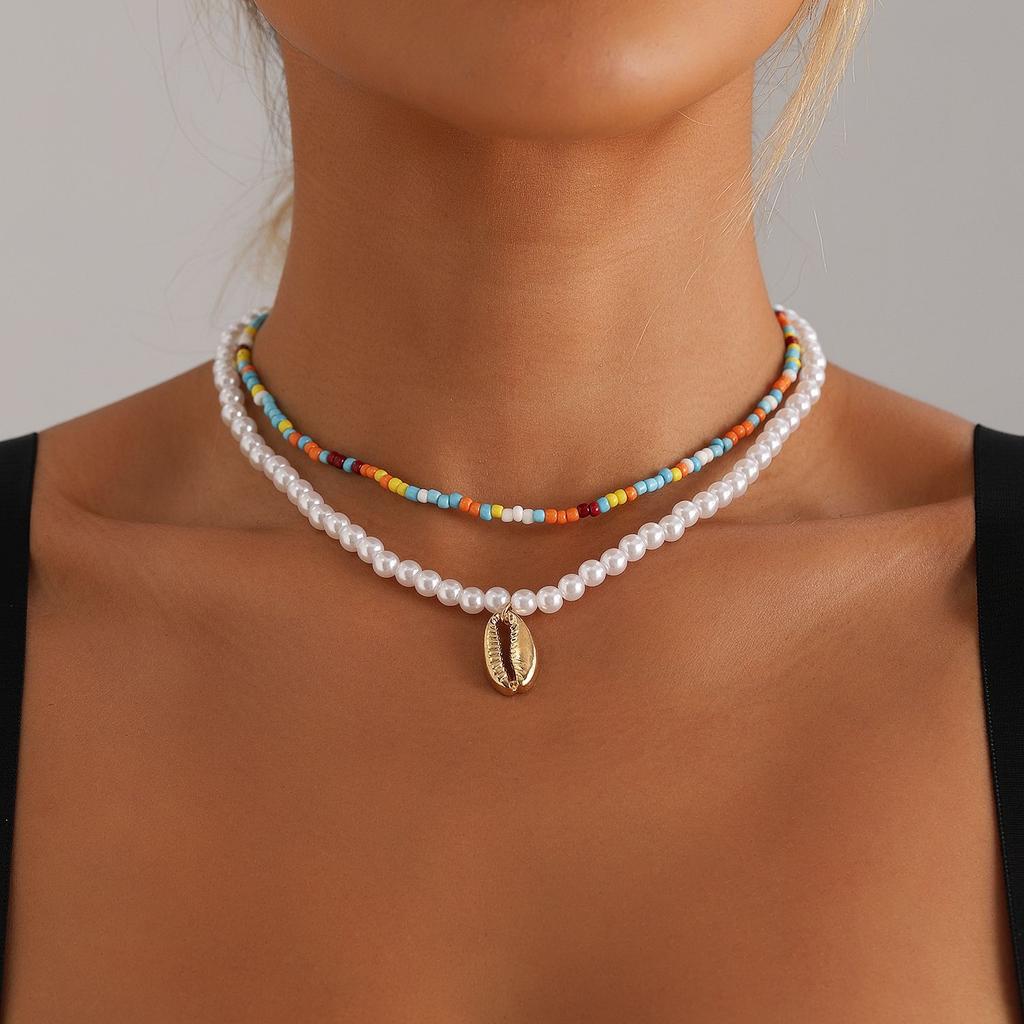 Bohemian Colored Rice Beads Imitation Pearl Double Shell Pendant Necklace Beaded Clavicle Chain