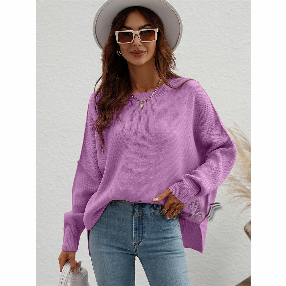 Autumn and winter fashion women's clothing crew neck knitted loose split pullover sweater women