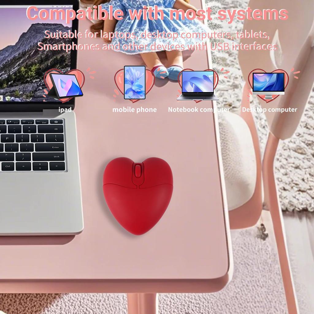 Cute Heart-Shaped Bluetooth Wireless Mouse, 2.4GHz and USB Compatible, Compact, Lightweight, Portable for Women and Kids, Compatible with iOS,