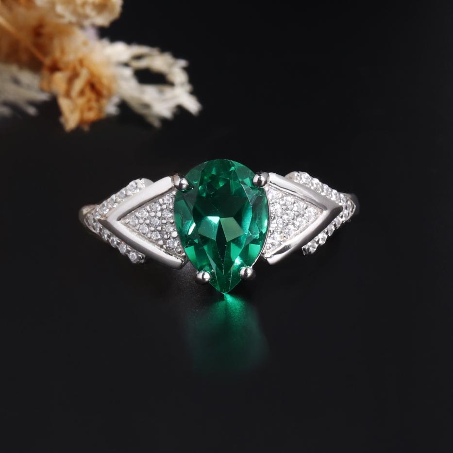 925 Sterling Silver Women Ring Created Pear 7*10mm Emerald Nano Rhodium Plating Jewelry for Women Anniversary Party Gifts
