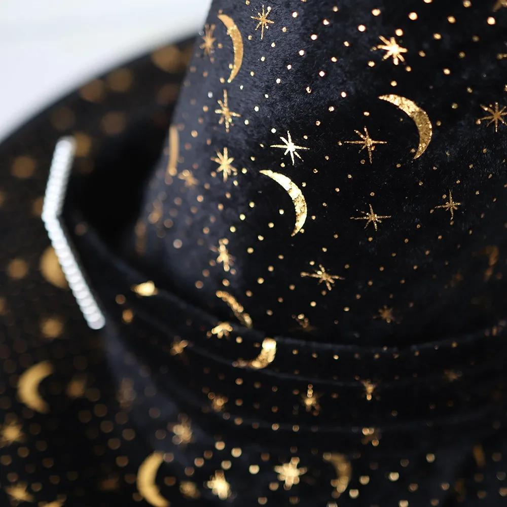 Halloween Children's Adult Dance Dress Up with Golden Velvet Cornered Hat, Elf Witch and Wizard Hat