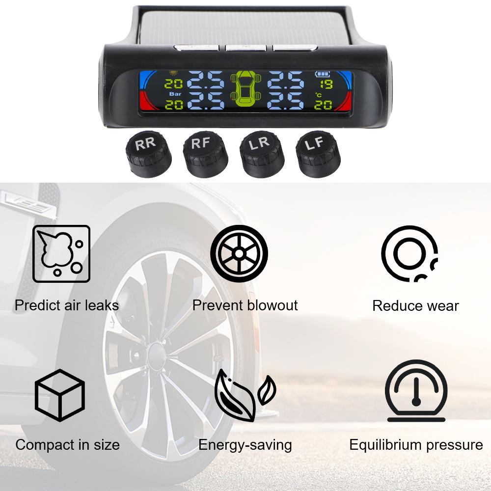 USB Solar TPMS 0-8Bar Car Tire Pressure Monitoring System Auto Security Alarm Systems Tyre Temperature Monitor with 4 Sensor