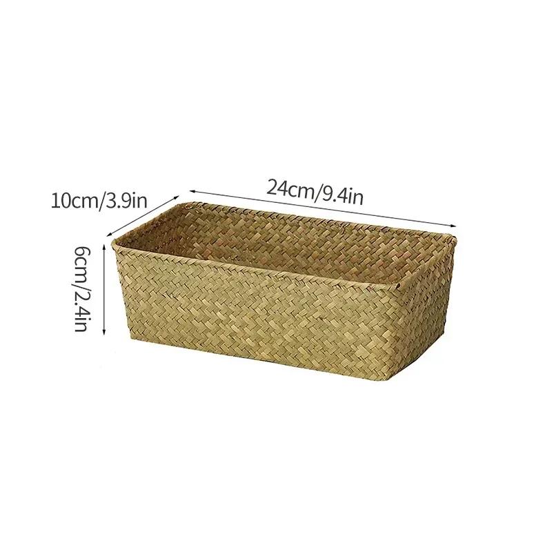 Handmade Woven Seagrass Storage Basket Desktop Straw Rattan Organzier Picnic Storage Box Desk Cosmetic Fruit Sundries Container