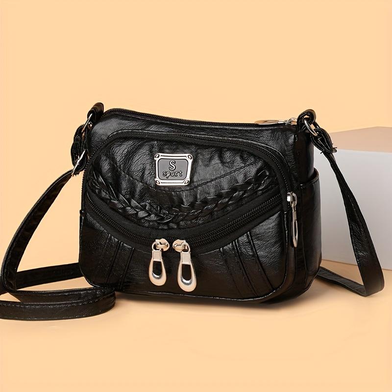 Jednobarevné crossbody kabelky ze syntetické kůže pro ženy Nastavitelný popruh Více zipů Pletená Lehká f… Více