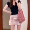 Women's Age-Reducing Pink A-Line Skirt & Black French-Style Top Summer Set - Slimming Sweet & Spicy Look