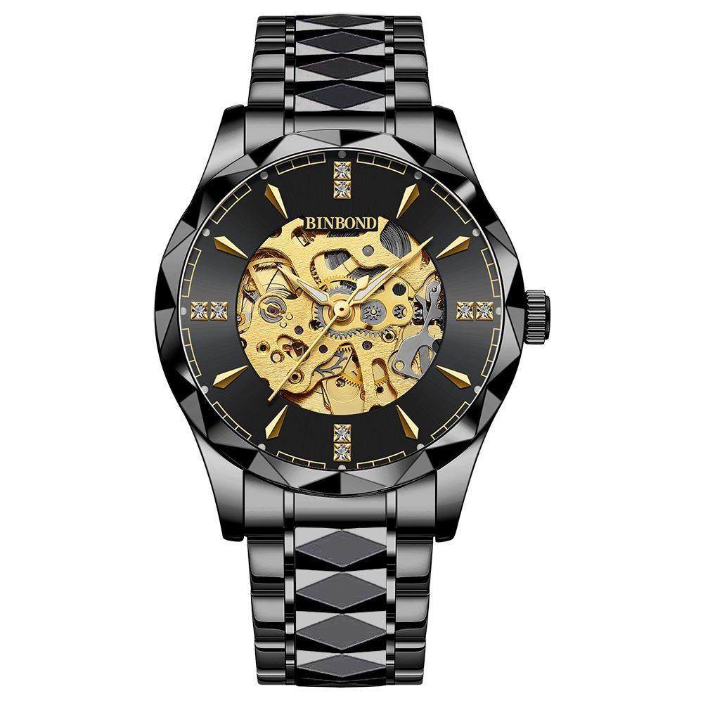 BINBOND Men's Automatic Mechanical Watch Skeleton Hollow Blue Dial Diamond Stainless Steel Waterproof Luxury Business Wristwatch