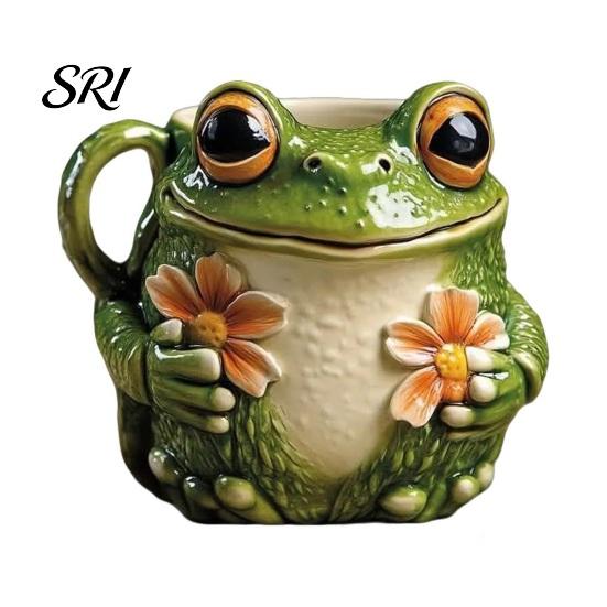 Nature Inspired Ceramic Mug Frog Shape with Tiny Flowers Smooth Texture Coffee Tea Cup Charming for Morning Joy Cozy Woodland Character Gift