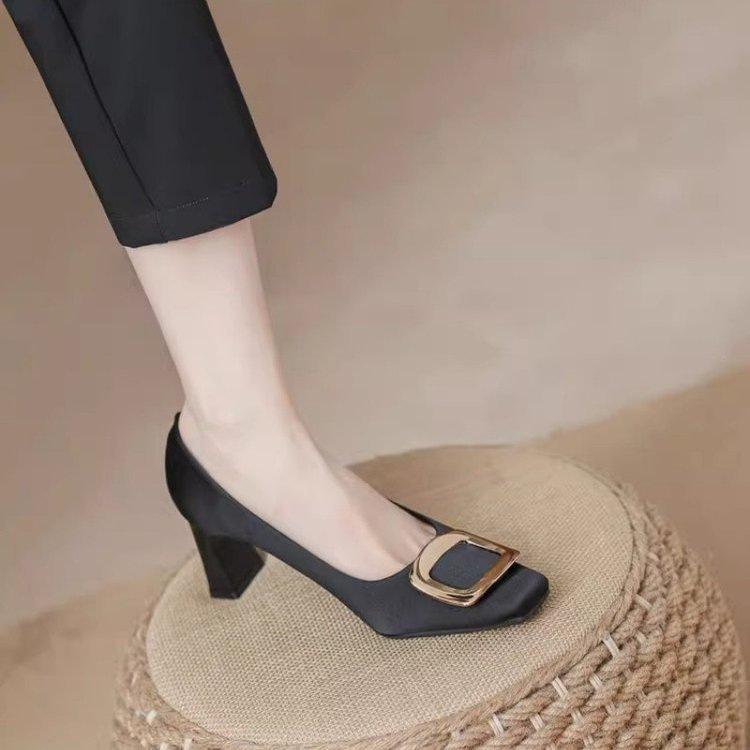 French temperament elegant high heels new autumn professional square head black thick heel single shoes